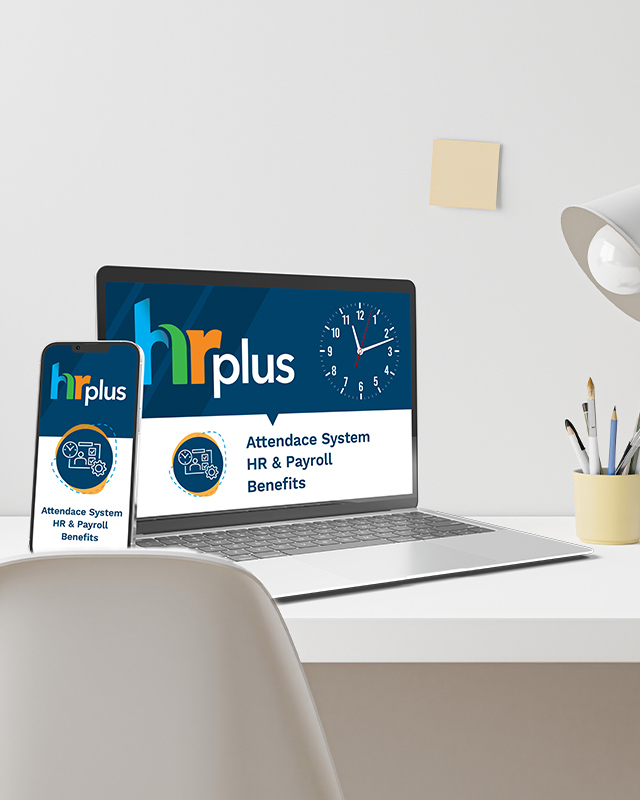 Laptop and Mobile over desk showcasing HR Plus Ad with technology